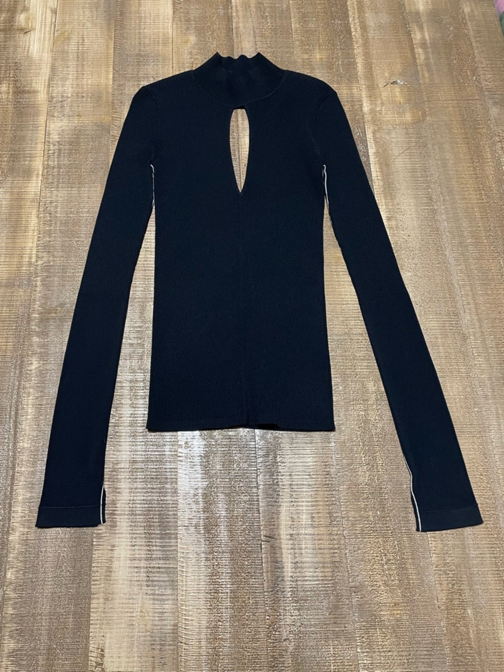 Maria McManus Ribbed Keyhole Mock Neck Sweater - Black Banded Top Sustainable